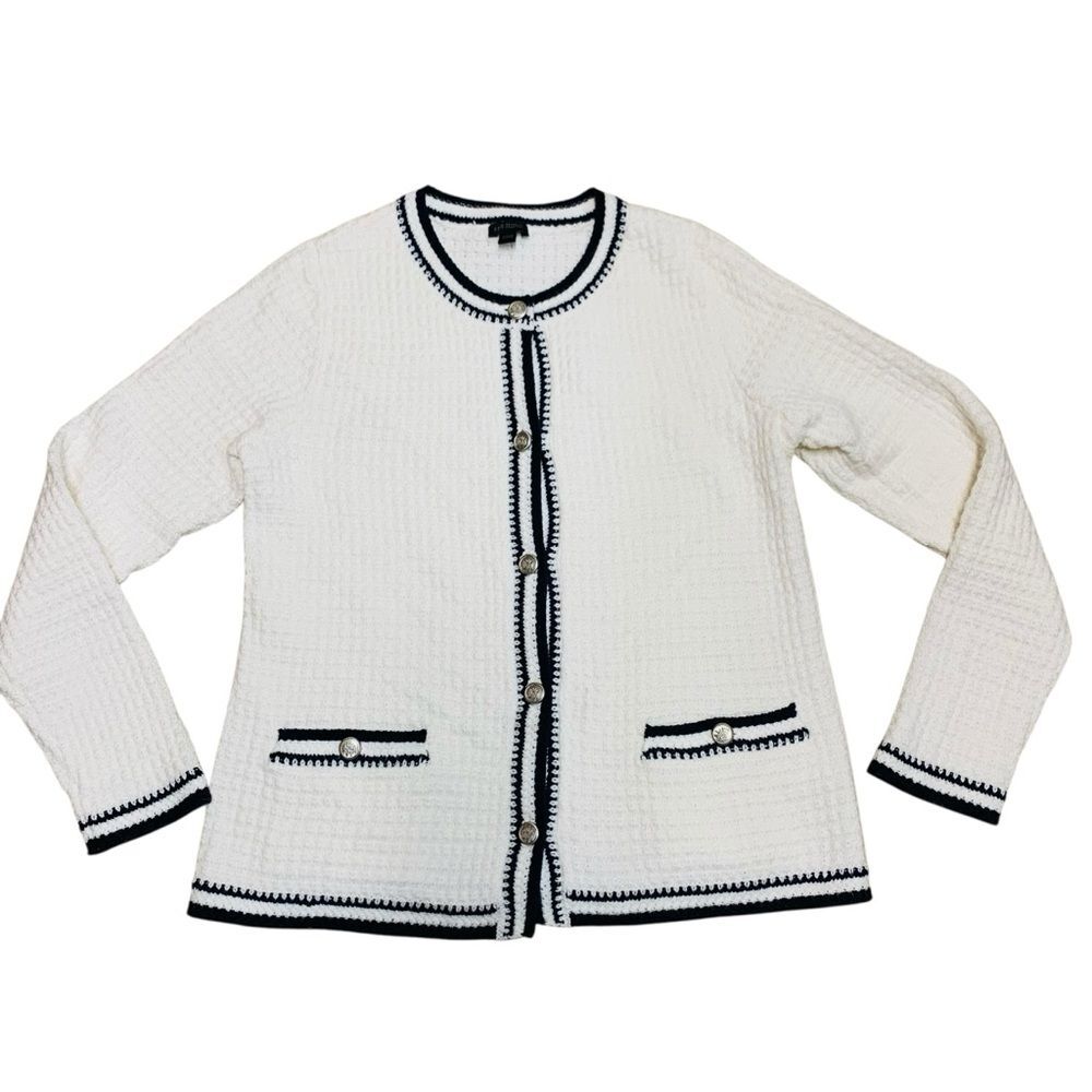J Jill Wearever Collection Women's White and Black Trim Sweater Small